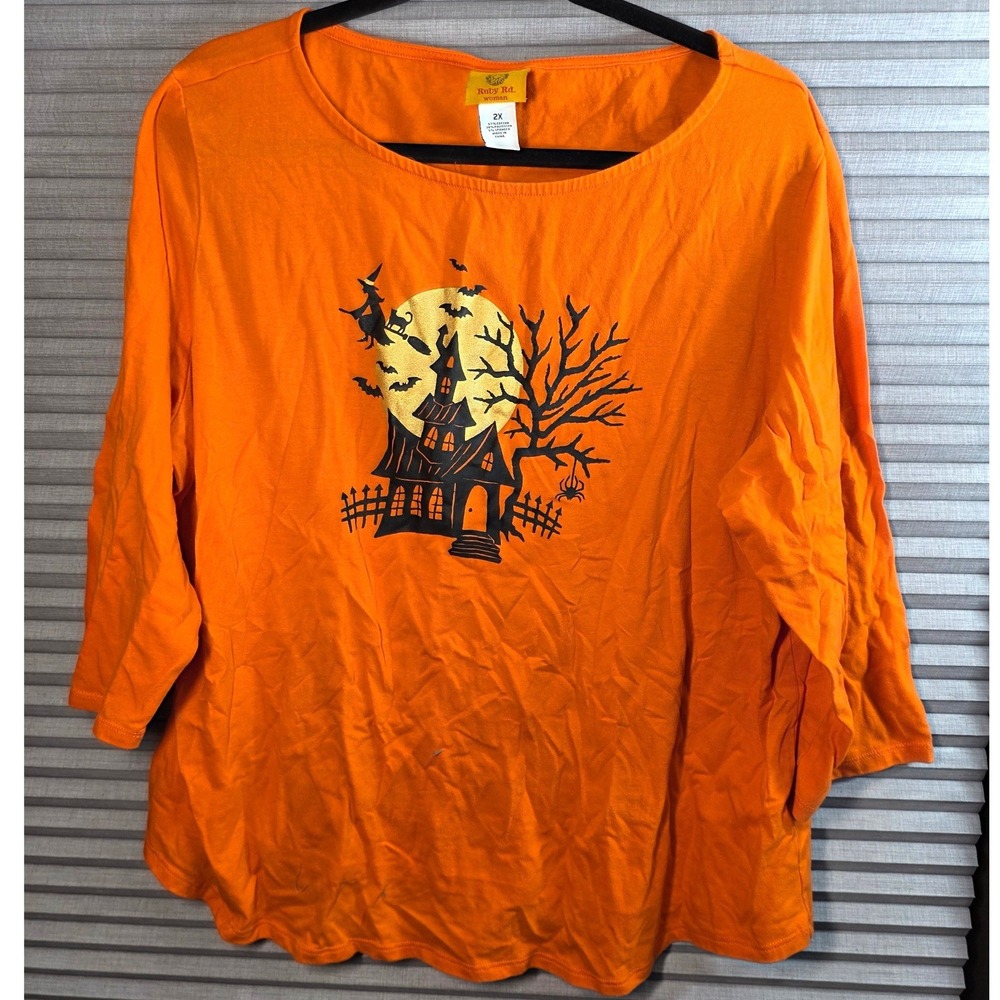 Ruby Rd Woman Halloween Top Plus Size 2X XX Halloween Haunted House Shirt Orange